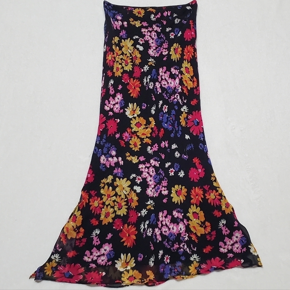 90s-Y2K Vintage Retro Express Silk Chiffon Black Multi-color Floral Midi Skirt S - Picture 8 of 13